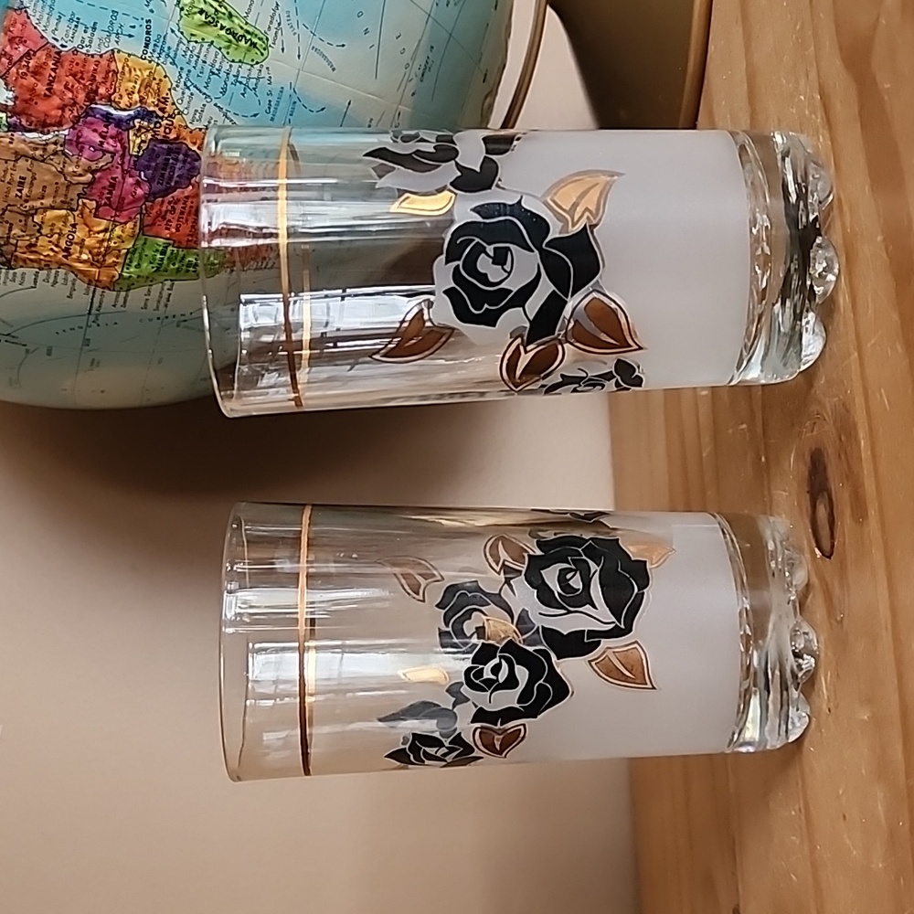 Vintage frosted black and gold rose glasses